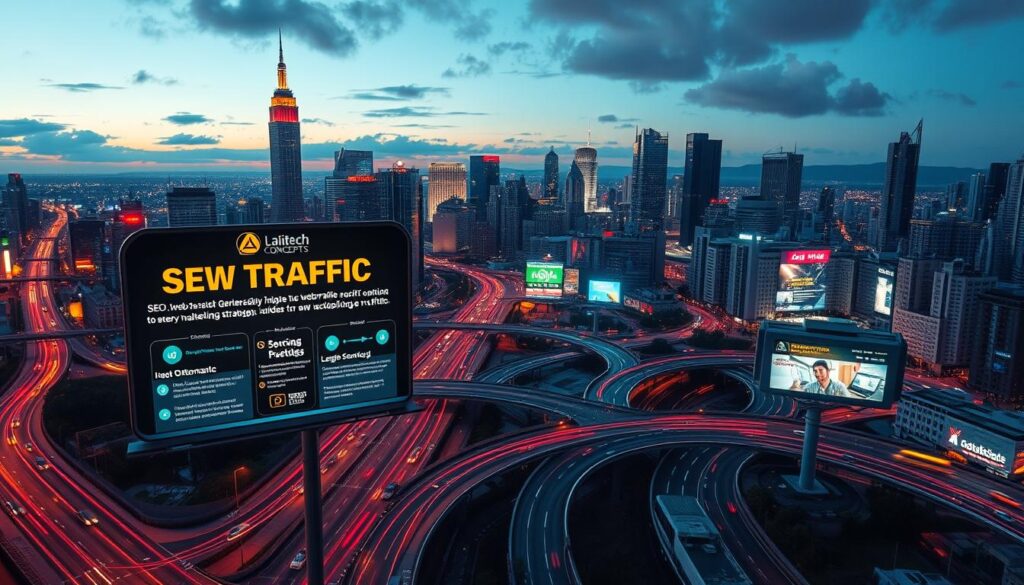 A bustling city skyline at dusk, illuminated by the warm glow of traffic lights and neon signs. In the foreground, a Labitech concepts billboard showcases various web traffic generation techniques, from SEO optimization to social media marketing strategies. The middle ground features a network of interconnected roads, with cars and buses navigating the intricate flow of traffic. In the background, towering skyscrapers and a vibrant cityscape create a dynamic and immersive atmosphere, conveying the idea of a thriving online ecosystem. The scene is captured with a wide-angle lens, creating a sense of depth and scale, and the lighting is carefully balanced to create a visually striking and informative image.