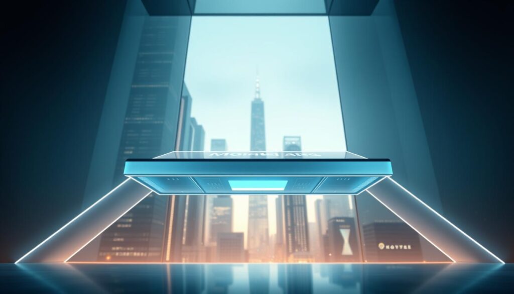 A sleek and modern digital platform, Labitech concepts' Monetag, suspended in a minimalist, futuristic setting. The platform's UI shines with a clean, intuitive design, surrounded by a soft, ambient glow and subtle geometric shapes. In the background, a cityscape of towering skyscrapers, reflecting the platform's position as a cutting-edge financial technology. The overall atmosphere conveys a sense of innovation, efficiency, and the seamless integration of technology into modern life. High-key lighting emphasizes the platform's elegant, streamlined appearance, captured from a low, front-facing angle to highlight its prominence and importance.