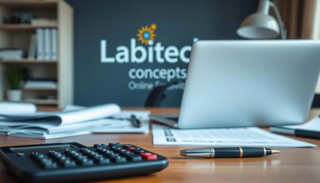 A well-lit home office with a desk, laptop, and various financial documents and paperwork. In the foreground, a calculator and pen lay neatly on the desk, conveying a sense of organized financial management. The middle ground features a Labitech concepts logo prominently displayed on the wall, indicating the professional, technology-driven nature of the online income tax considerations. The background is slightly blurred, creating a focus on the desk and financial materials. The overall mood is one of careful attention to detail and a modern, efficient approach to online income tax planning.